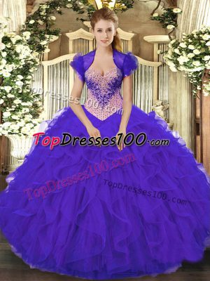 Purple Quinceanera Dress Military Ball and Sweet 16 and Quinceanera with Beading and Ruffles Sweetheart Sleeveless Lace Up