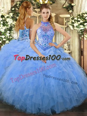 Floor Length Baby Blue Quinceanera Dresses Organza Sleeveless Beading and Ruffles