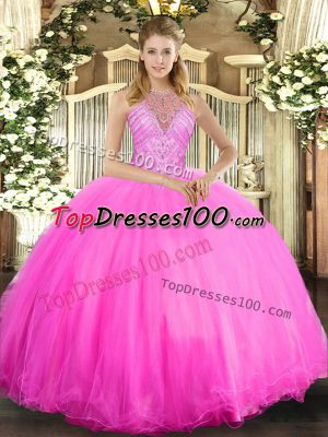 Super Rose Pink Ball Gowns Tulle Halter Top Sleeveless Beading Floor Length Lace Up Quinceanera Dresses
