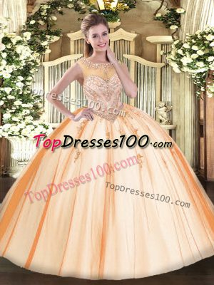 Designer Peach Sleeveless Floor Length Beading and Appliques Zipper Quinceanera Dress