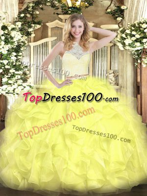 Spectacular Sleeveless Floor Length Lace and Ruffles Zipper Sweet 16 Quinceanera Dress with Yellow