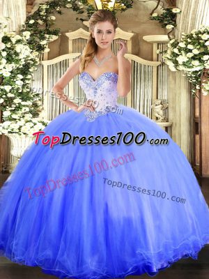 Flirting Blue Ball Gowns Sweetheart Sleeveless Tulle Floor Length Lace Up Beading 15th Birthday Dress
