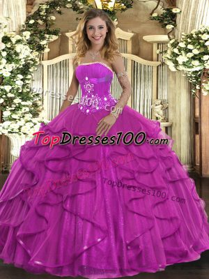 Sleeveless Tulle Floor Length Lace Up Vestidos de Quinceanera in Fuchsia with Beading and Ruffles