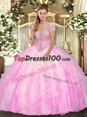 Strapless Sleeveless Tulle Quinceanera Dress Appliques and Ruffles Lace Up