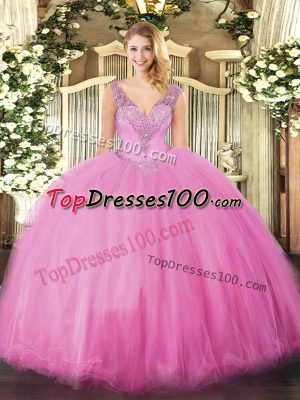 Artistic Floor Length Rose Pink Sweet 16 Quinceanera Dress Tulle Sleeveless Beading