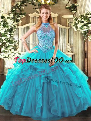 Artistic Halter Top Sleeveless Ball Gown Prom Dress Floor Length Beading and Ruffles Teal Organza