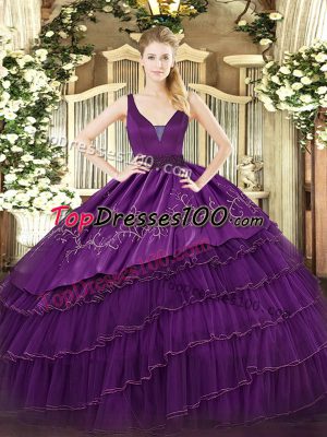 Fine Straps Sleeveless Organza and Taffeta 15 Quinceanera Dress Embroidery and Ruffled Layers Zipper