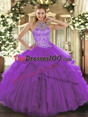 Sleeveless Organza Floor Length Lace Up 15 Quinceanera Dress in Purple with Beading and Embroidery