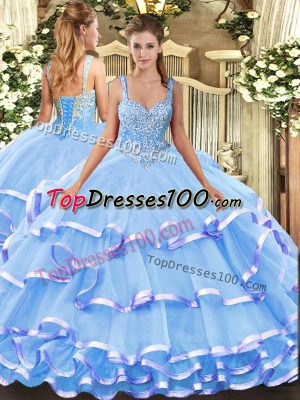 Classical Blue Organza Lace Up Straps Sleeveless Floor Length Sweet 16 Dress Beading and Ruffled Layers