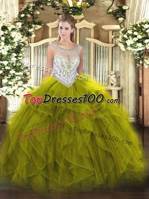 Top Selling Scoop Sleeveless Zipper Quinceanera Dress Olive Green Tulle