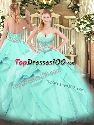 Luxurious Beading and Ruffles Quinceanera Dresses Aqua Blue Lace Up Sleeveless Floor Length