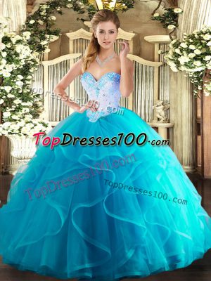 Floor Length Aqua Blue Quinceanera Gowns Sweetheart Sleeveless Lace Up