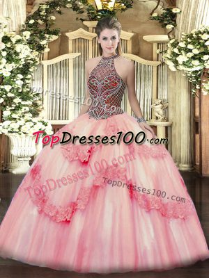 Halter Top Sleeveless Tulle 15th Birthday Dress Beading and Appliques Lace Up