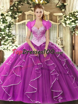 Flirting Fuchsia Lace Up Sweetheart Beading Quinceanera Gown Tulle Sleeveless