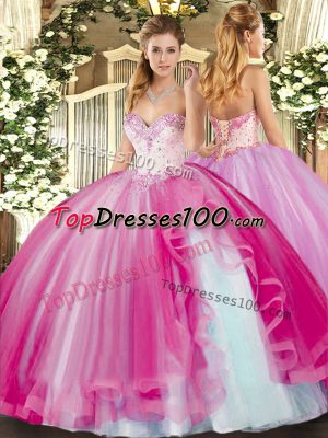 Fuchsia Lace Up Quinceanera Dress Beading and Ruffles Sleeveless Floor Length
