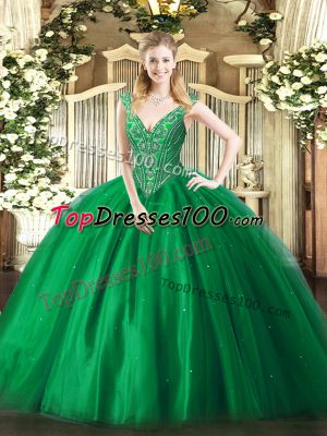 Green Lace Up V-neck Beading Quince Ball Gowns Tulle Sleeveless
