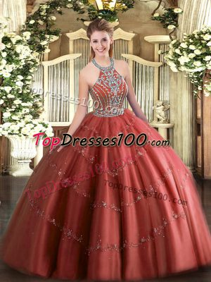 Customized Sleeveless Tulle Floor Length Lace Up Quinceanera Gown in Wine Red with Beading and Appliques
