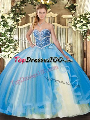 Most Popular Sweetheart Sleeveless Tulle Sweet 16 Dresses Beading and Ruffles Lace Up