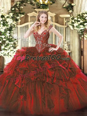 Exquisite Ball Gowns Vestidos de Quinceanera Wine Red V-neck Organza Sleeveless Floor Length Lace Up