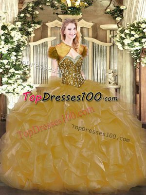 Popular Sleeveless Organza Floor Length Lace Up Quinceanera Gowns in Gold with Beading and Ruffles