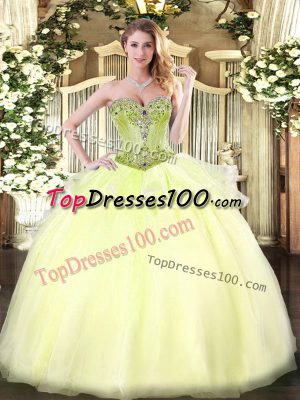 Light Yellow Organza Lace Up Sweetheart Sleeveless Floor Length Quinceanera Gown Beading