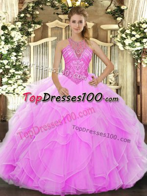 Rose Pink Ball Gowns Beading and Ruffles Quinceanera Dress Lace Up Organza Sleeveless Floor Length