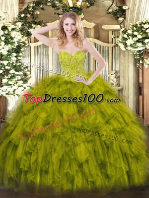 Olive Green Ball Gowns Sweetheart Sleeveless Organza Floor Length Lace Up Beading and Ruffles 15 Quinceanera Dress