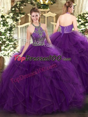 Halter Top Sleeveless Quinceanera Gowns Floor Length Beading and Ruffles Purple Tulle