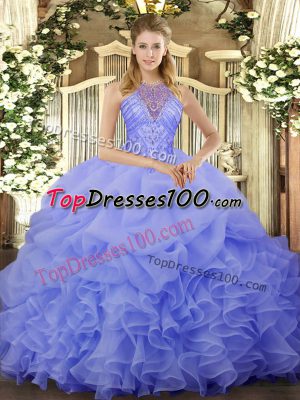 Halter Top Sleeveless 15th Birthday Dress Floor Length Beading and Ruffles and Pick Ups Blue Organza