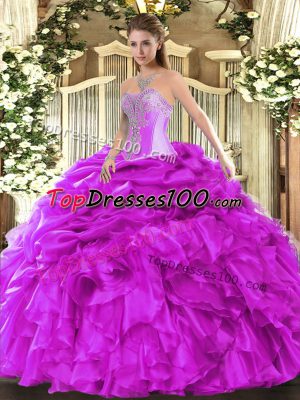 Fuchsia Sleeveless Beading and Ruffles and Pick Ups Floor Length Sweet 16 Quinceanera Dress