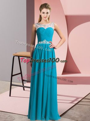 Eye-catching Beading Evening Dress Teal Clasp Handle Sleeveless Floor Length