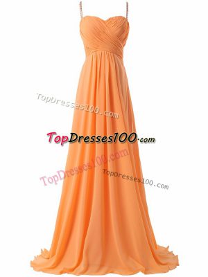 Trendy Orange Prom Gown Spaghetti Straps Sleeveless Sweep Train Criss Cross