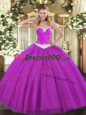 Fuchsia Ball Gowns Sweetheart Sleeveless Tulle Floor Length Lace Up Appliques Ball Gown Prom Dress