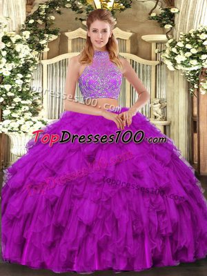 Modern Fuchsia Sleeveless Floor Length Beading and Ruffled Layers Criss Cross Sweet 16 Dresses