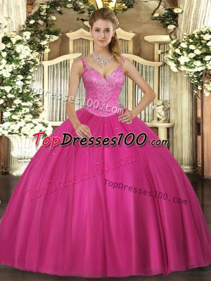 Artistic Beading Vestidos de Quinceanera Fuchsia Lace Up Sleeveless Floor Length