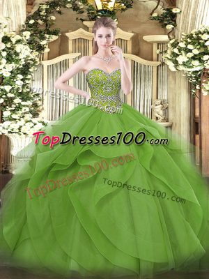 Olive Green Sweet 16 Dress Military Ball and Sweet 16 and Quinceanera with Beading and Ruffles Sweetheart Sleeveless Lace Up