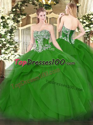 Green Tulle Lace Up Strapless Sleeveless Floor Length Ball Gown Prom Dress Beading and Ruffles