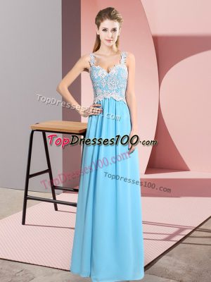 Sleeveless Chiffon Floor Length Zipper Prom Party Dress in Baby Blue with Lace