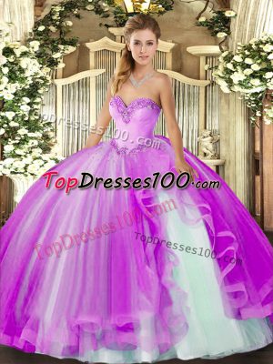 Sleeveless Floor Length Beading and Ruffles Lace Up Quinceanera Gown with Lilac