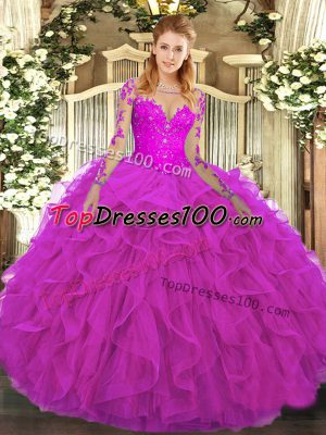 Fashionable Fuchsia Lace Up Scoop Lace and Ruffles Quinceanera Dresses Tulle Long Sleeves