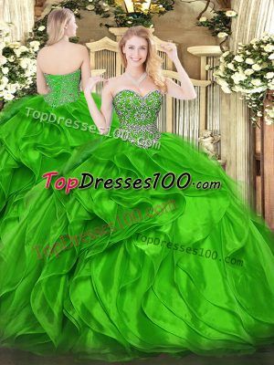 Green Organza Lace Up Sweetheart Sleeveless Floor Length Quinceanera Gown Beading and Ruffles