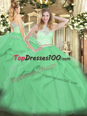 Cute Sleeveless Zipper Floor Length Lace and Ruffles Quince Ball Gowns