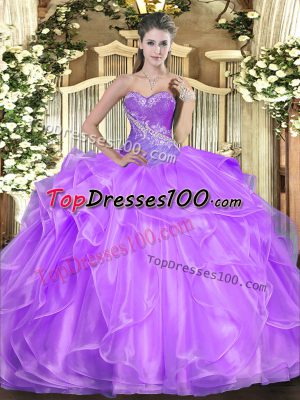 Inexpensive Beading and Ruffles Sweet 16 Quinceanera Dress Lilac Lace Up Sleeveless Floor Length