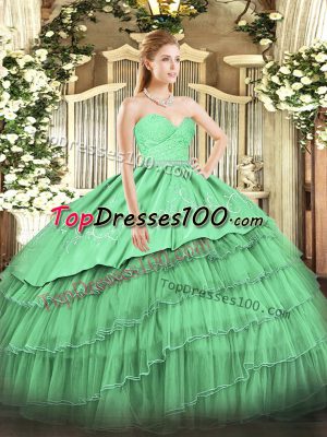 Hot Selling Sleeveless Organza and Taffeta Floor Length Zipper Quinceanera Dresses in Green with Beading and Lace and Embroidery and Ruffled Layers