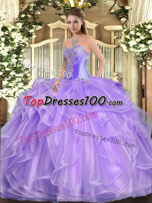 Hot Selling Organza Sweetheart Sleeveless Lace Up Beading and Ruffles Quinceanera Dresses in Lavender
