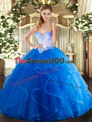 Floor Length Blue 15th Birthday Dress Sweetheart Sleeveless Lace Up