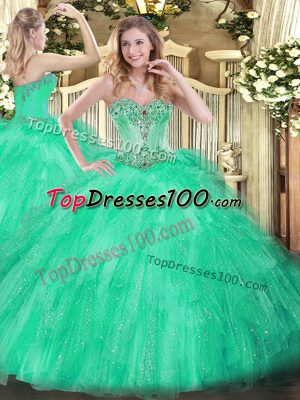 Smart Floor Length Lace Up Sweet 16 Dress Apple Green for Military Ball and Sweet 16 and Quinceanera with Beading and Ruffles