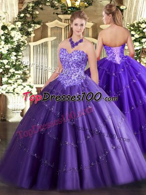 Modern Purple Lace Up Sweet 16 Quinceanera Dress Appliques Sleeveless Floor Length