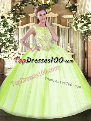 Yellow Green Ball Gowns Scoop Sleeveless Tulle Floor Length Zipper Beading and Appliques Quinceanera Dress