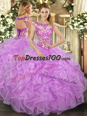 Lilac Cap Sleeves Floor Length Beading and Appliques and Ruffles Lace Up 15 Quinceanera Dress
